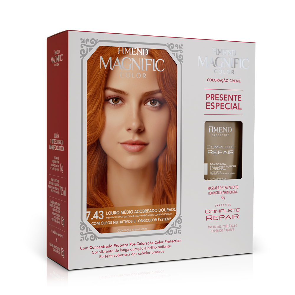 Kit Colora&ccedil;&atilde;o 7.43 Louro M&eacute;dio Acobreado Dourado Amend Magnific Color + Mini Bisnaga M&aacute;scara Amend Expertise Complete Repair